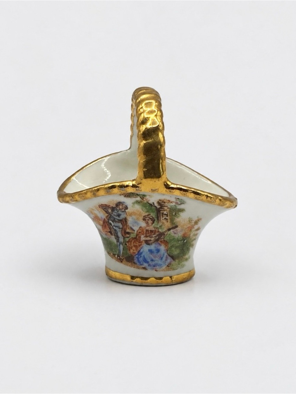 Limoges France Gold Trim Miniature Porcelain Courting Couple Basket